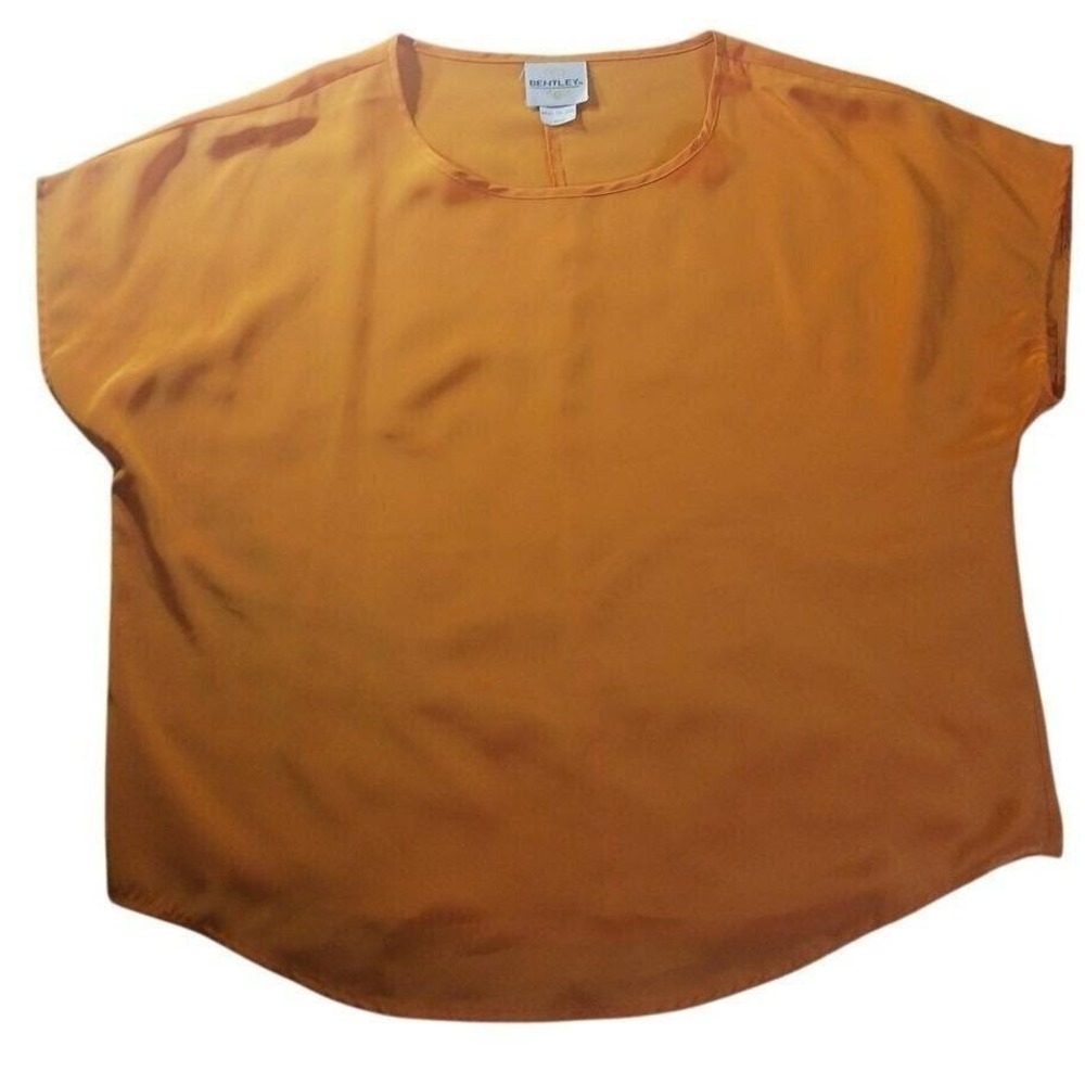 Bentley Satin Blouse Womens L‎ Orange Short Sleeve Made in USA Silky Vintage